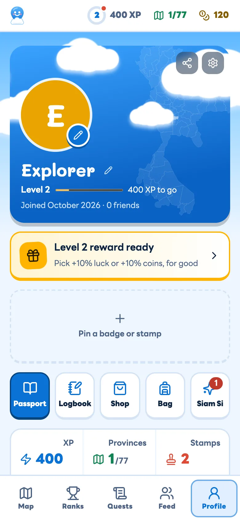 Profile with level, XP, provinces and stamps